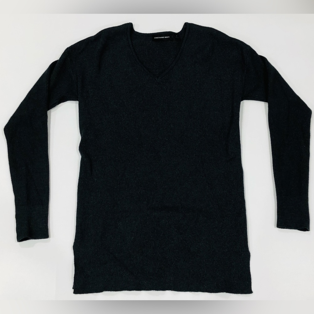 Something Navy Pullover V-neck Ribbed Long Sleeve Sweater